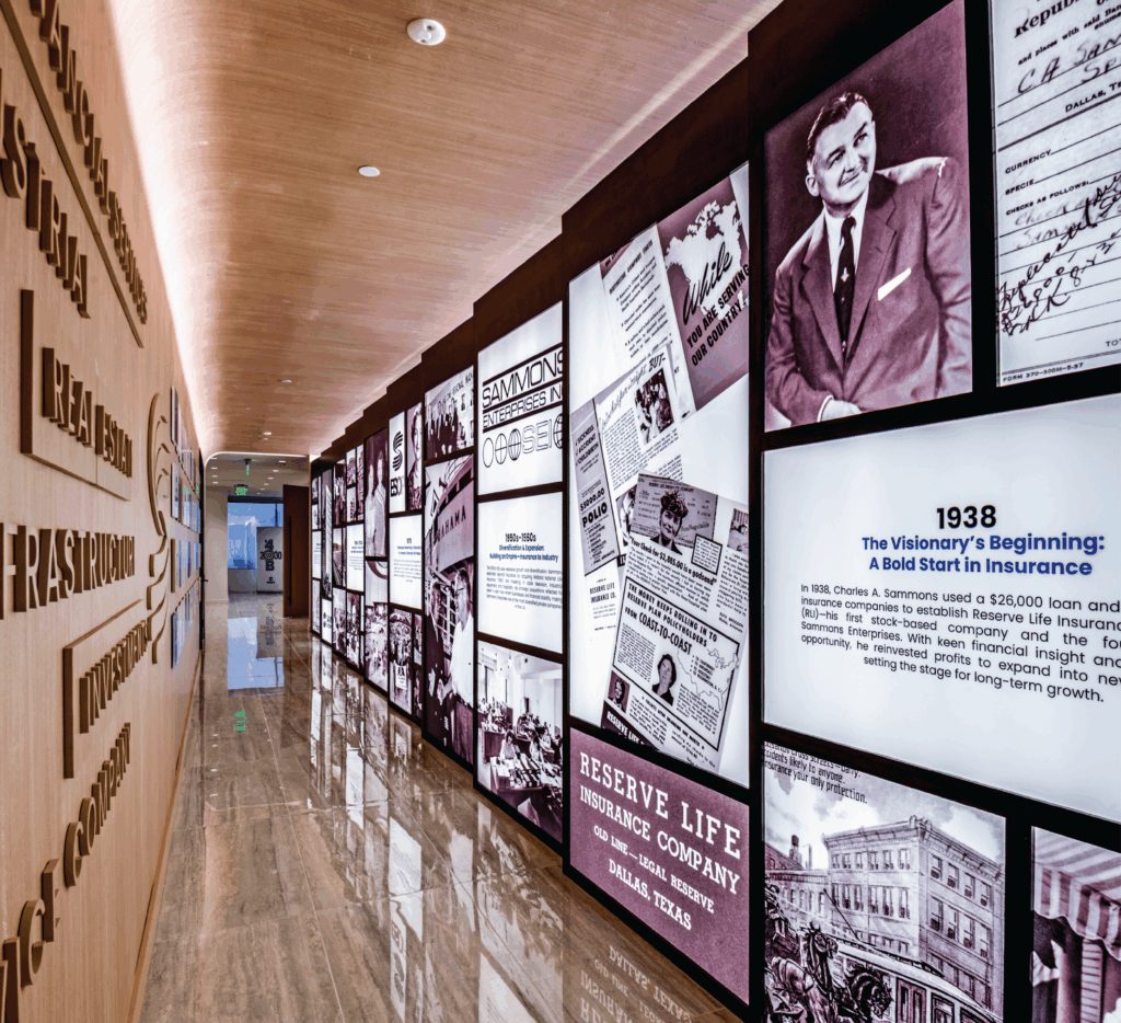 A long timeline wall of archival photographs and headlines in a hallway